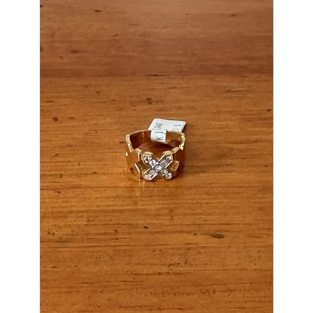 Vintage 18K HGE Gold Plated X Motif Austrian Crystal Ring Size 5 USA